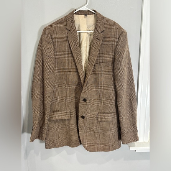 J Crew Brown Plaid Linen Cotton Blend Blazer Two Buttons Summer 44L - Picture 1 of 12